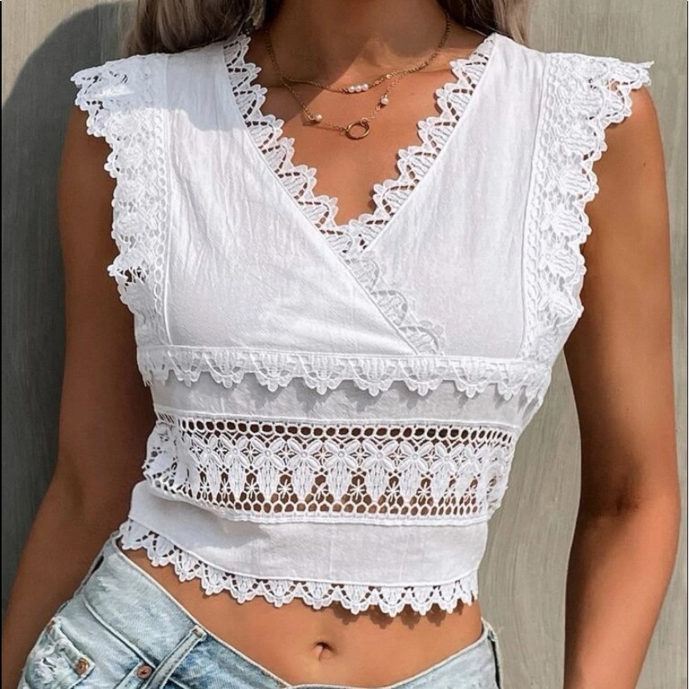 New white Eyelet V neck crop top